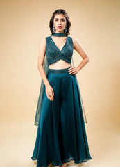 Dark Peacock Green Flared Indo-Western Set with Designer Crop Top & Neck Patch Dupatta