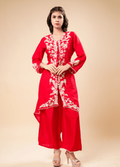 Crimson Red Suit Set with Ivory Embroidery & High-Low Hem