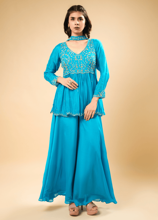 Deep Sky Blue Peplum Set with Flared Palazzo & Neck Patch Dupatta