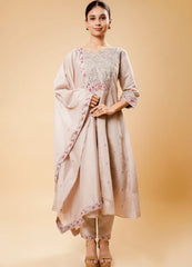 Kilim Beige Flared Kurta Set with Contrast Thread Work & Dupatta