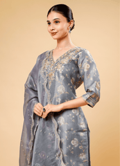 Steel Gray Pant Pair with Flower Shimmer Print & Dupatta