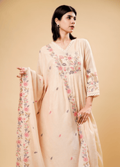 Ivory Kurta Set with Pastel Floral Embroidery & Dupatta