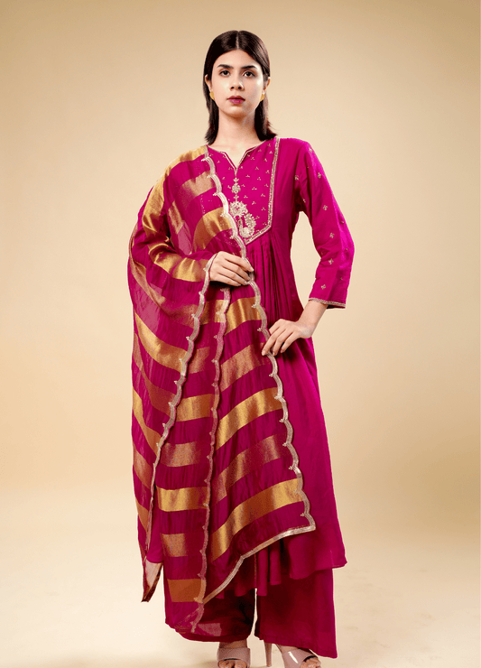 Jardosi Peacock art in cardinal purple palazzo pants with weaving rich dupatta