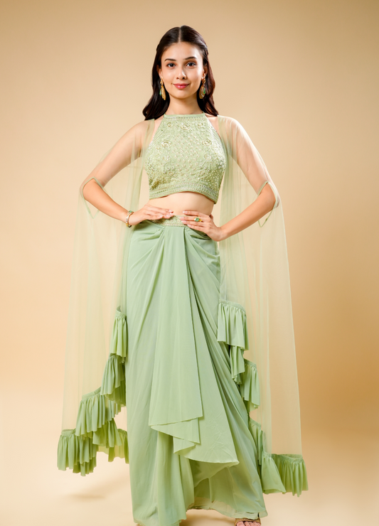 Mint Green Draped Skirt Set with Designer Crop Top & Frill Dupatta