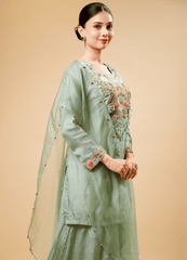 Pastel Green Kurta Set with Multicolor Embroidery & Organza Shrug Dupatta