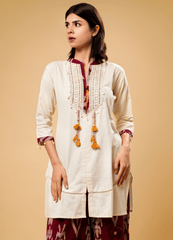 Ivory Cotton Kurta Set with Tassel Detailing & Ikat Pants