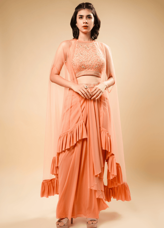 Light Salmon Draped Skirt with Designer Top & Frill Border Stole