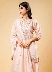 Pastel Pink Kurta Palazzo Set with Embroidered Dhaga Work & Border Dupatta