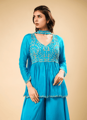 Deep Sky Blue Peplum Set with Flared Palazzo & Neck Patch Dupatta
