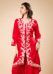 Crimson Red Suit Set with Ivory Embroidery & High-Low Hem