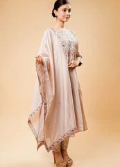 Kilim Beige Flared Kurta Set with Contrast Thread Work & Dupatta