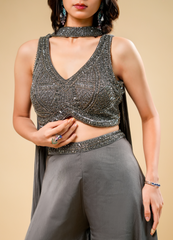 Designer Gray Indo-Western Set with Crop Top, Flared Palazzo & Patch Dupatta