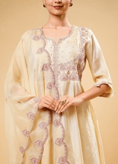 Cream Kurta Set with Border Dupatta