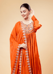 Amber Orange Anarkali Set with Embroidery & Dupatta