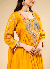 Mustard Anarkali Set with Embellished Neckline