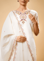 White Straight Kurta Set with Sparrow Embroidery & Heavy Border Dupatta