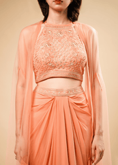 Light Salmon Draped Skirt with Designer Top & Frill Border Stole