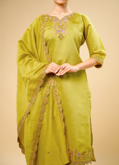 Safety Yellow Straight Pant Set with Sparrow Design Dupatta