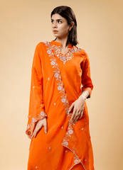 Tiger Orange Kurta Pant Set with Unique Neckline & Heavy Border Dupatta