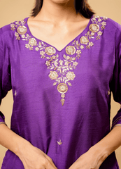 Purple Straight Kurta Pant Set with Printed Dupatta