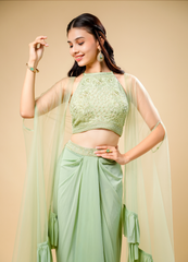 Mint Green Draped Skirt Set with Designer Crop Top & Frill Dupatta