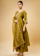 Shiny Mustard Silk Kurta Plazo Set with Dupatta & Hand Embroidery