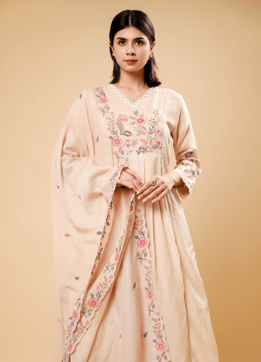 Ivory Kurta Set with Pastel Floral Embroidery & Dupatta