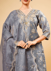 Steel Gray Pant Pair with Flower Shimmer Print & Dupatta