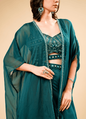 Dark Peacock Green Indo-Western Set with Designer Shrug