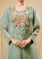 Pastel Green Kurta Set with Multicolor Embroidery & Organza Shrug Dupatta