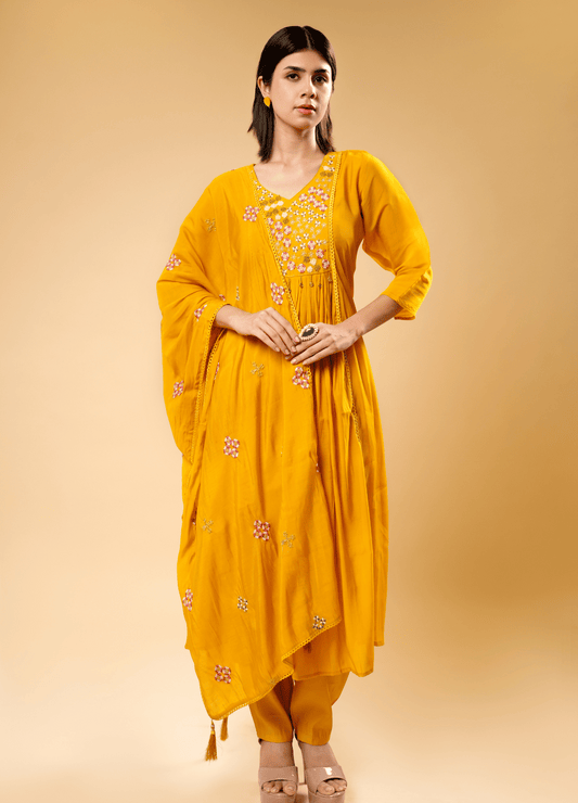 Mango Shade Round Kurta Set with Hand-Embroidered Buti Dupatta