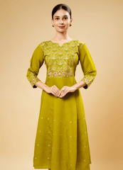 Brass Yellow Flared Kurta Pant Set with Contrast Thread Cut Work