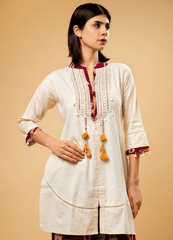Ivory Cotton Kurta Set with Tassel Detailing & Ikat Pants