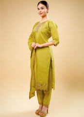 Safety Yellow Straight Pant Set with Sparrow Design Dupatta