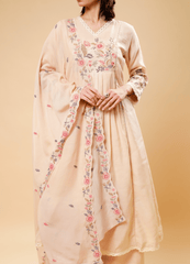 Ivory Kurta Set with Pastel Floral Embroidery & Dupatta