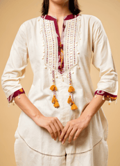 Ivory Cotton Kurta Set with Tassel Detailing & Ikat Pants