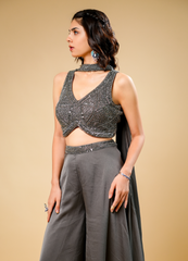 Designer Gray Indo-Western Set with Crop Top, Flared Palazzo & Patch Dupatta