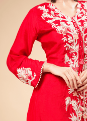 Crimson Red Suit Set with Ivory Embroidery & High-Low Hem