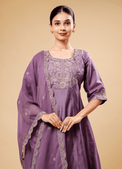 Mauve Purple Flary Palazzo Set with Half Circle Border Dupatta