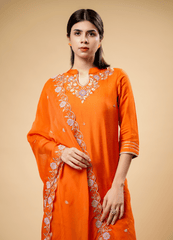 Tiger Orange Kurta Pant Set with Unique Neckline & Heavy Border Dupatta