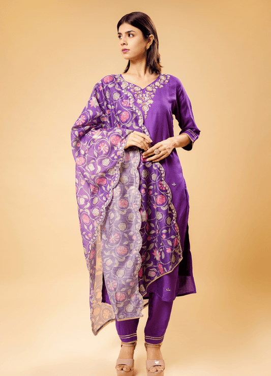 Purple Straight Kurta Pant Set with Printed Dupatta