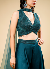 Dark Peacock Green Flared Indo-Western Set with Designer Crop Top & Neck Patch Dupatta