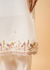 White Straight Kurta Set with Sparrow Embroidery & Heavy Border Dupatta