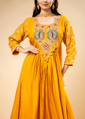 Mustard Anarkali Set with Embellished Neckline