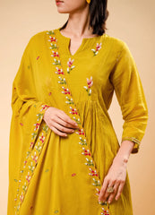 Light Caramel Flared Kurta Set with Hand Moti Patch Work & Dupatta