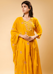 Mango Shade Round Kurta Set with Hand-Embroidered Buti Dupatta