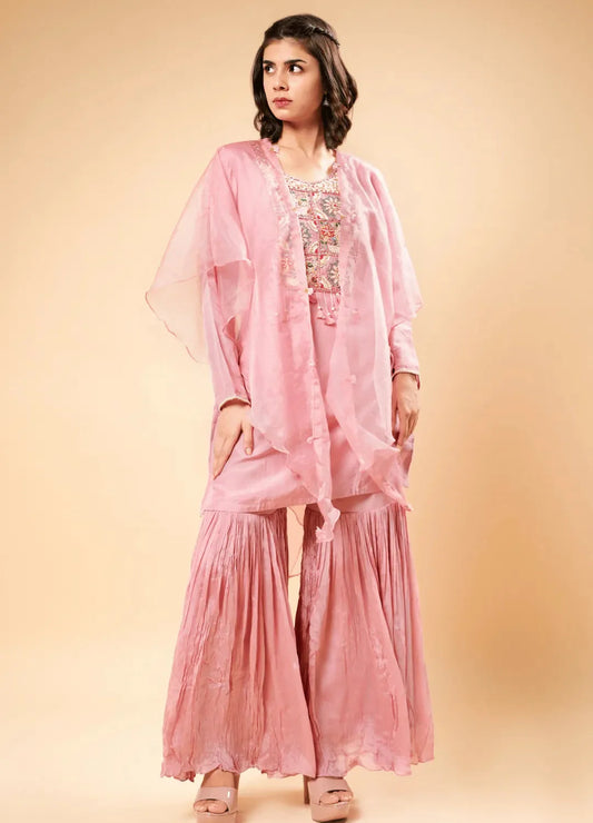 Aqua Blush Pink block Printed Cotton Kurta Set