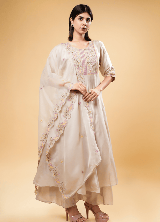 Ivory Kurta Set with Pastel Floral Embroidery & Dupatta