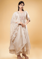 Ivory Kurta Set with Pastel Floral Embroidery & Dupatta