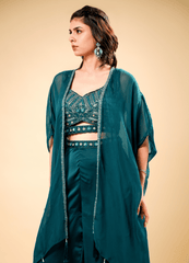 Dark Peacock Green Indo-Western Set with Designer Shrug